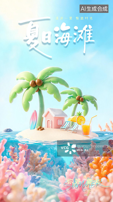 【AI数字艺术】3D卡通陶瓷质感清凉夏日海滩度假插画海报图片素材