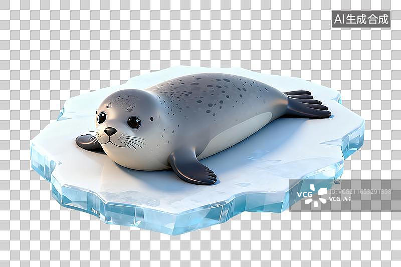 【AI数字艺术】插画风格，趴在冰面的一只海豹PNG格式的免扣元素图片素材