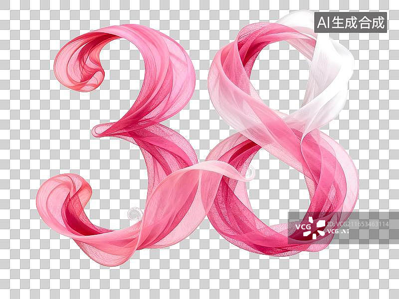 【AI数字艺术】三八妇女节免扣元素，粉色半透明薄纱组成的数字38图片素材