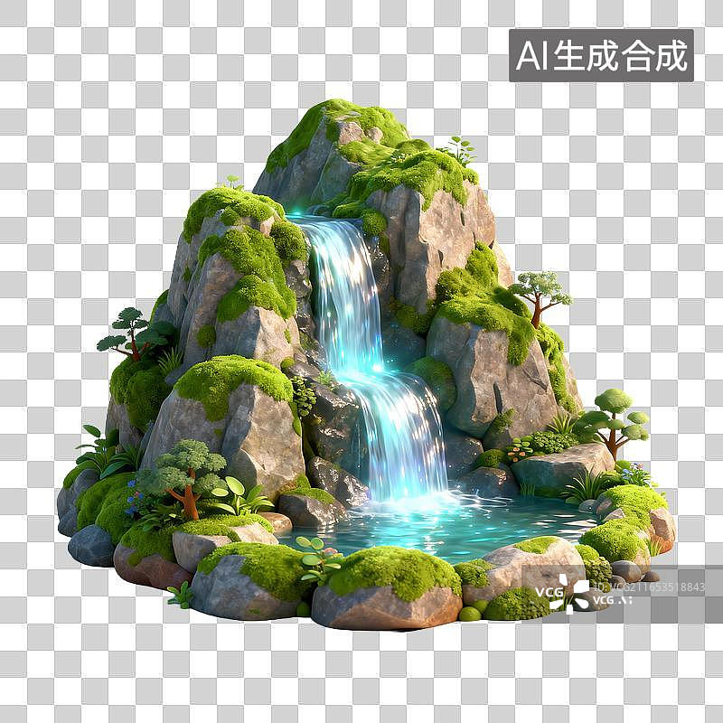 【AI数字艺术】发光瀑布与苔藓山石景观图片素材