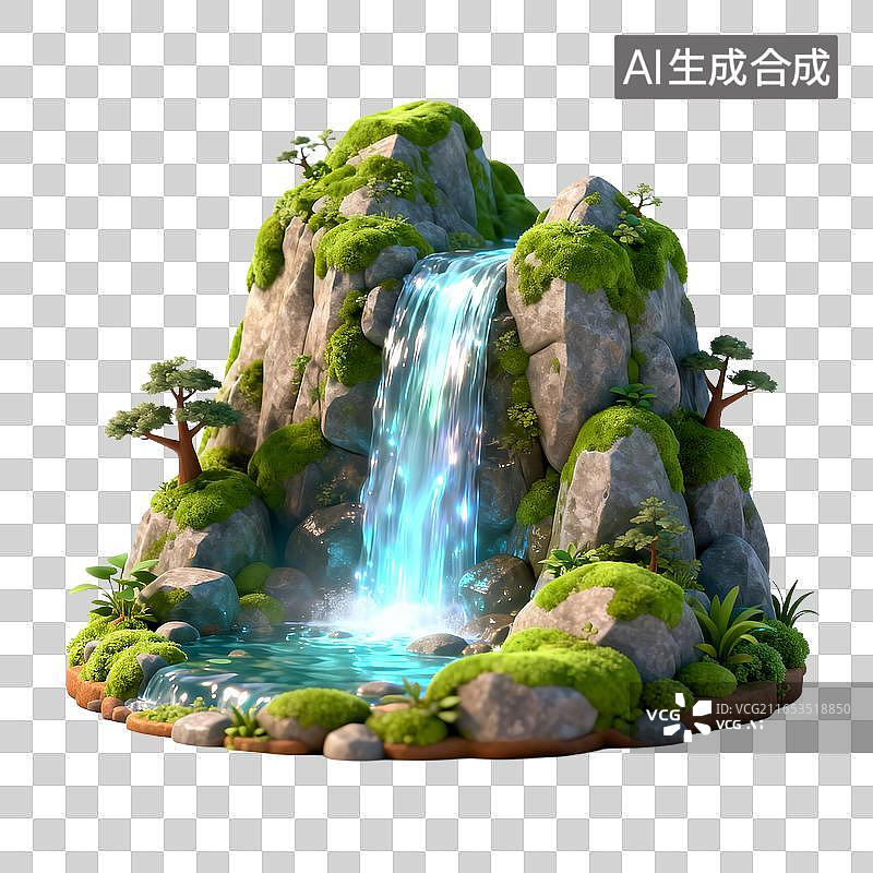 【AI数字艺术】发光瀑布与苔藓山石景观图片素材