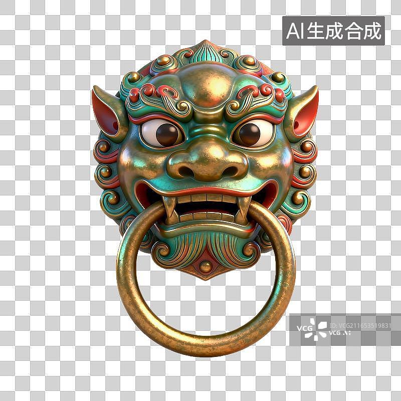 【AI数字艺术】中式仿古铜狮门环图片素材