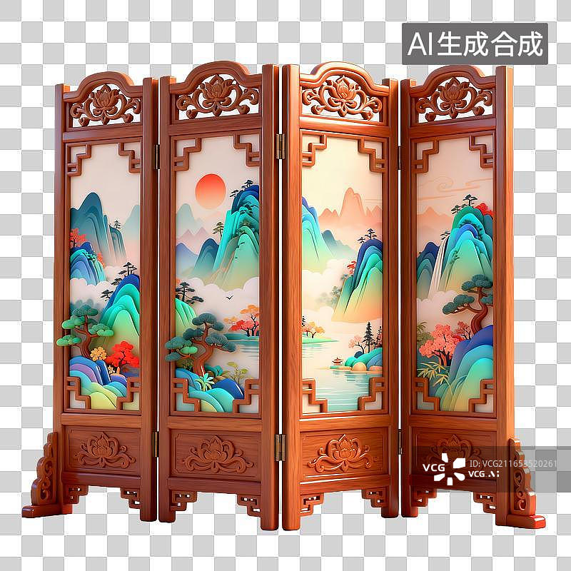 【AI数字艺术】中式山水木雕折叠屏风图片素材