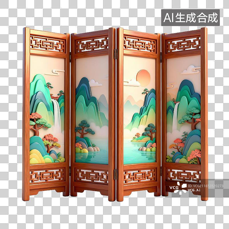【AI数字艺术】中式山水木雕折叠屏风图片素材