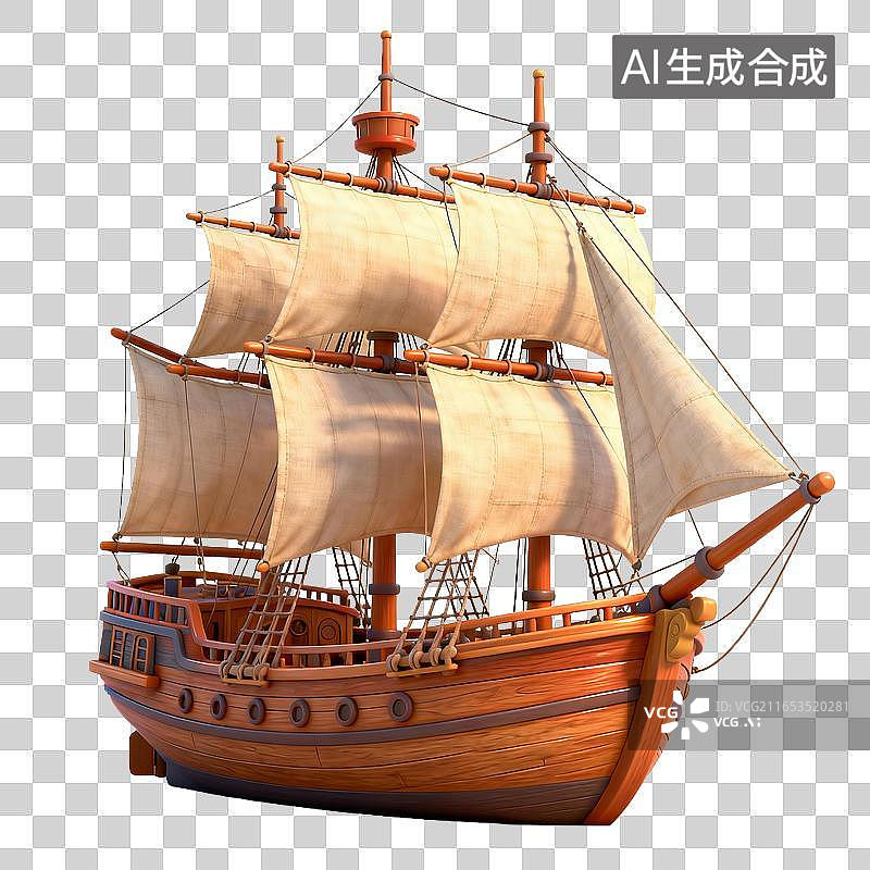【AI数字艺术】卡通风格木质多桅古帆船图片素材
