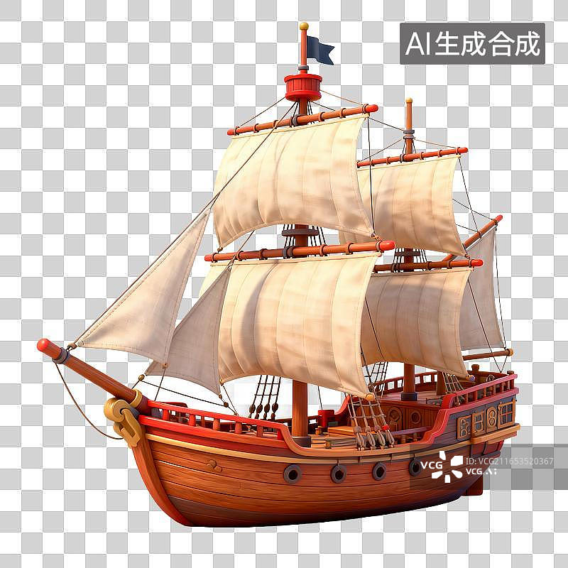 【AI数字艺术】卡通风格木质多桅古帆船图片素材