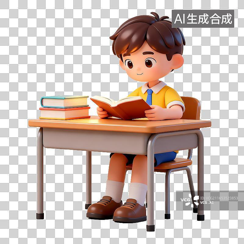 【AI数字艺术】男学生坐在书桌前专注阅读图片素材