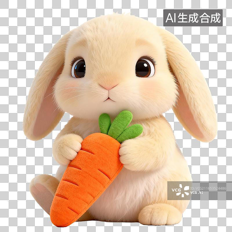 【AI数字艺术】可爱垂耳兔子抱着毛绒胡萝卜图片素材