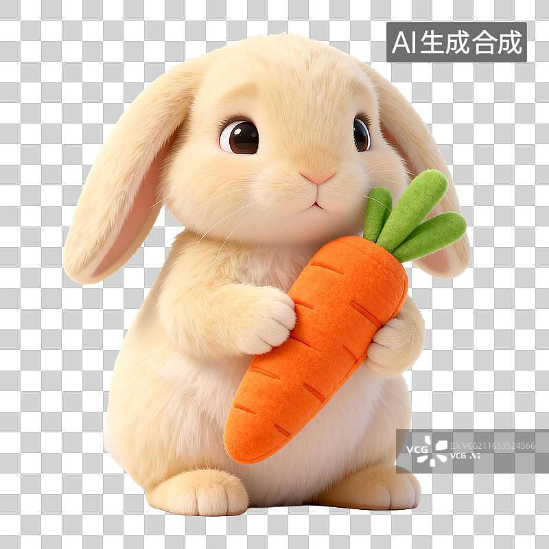【AI数字艺术】可爱垂耳兔子抱着毛绒胡萝卜图片素材