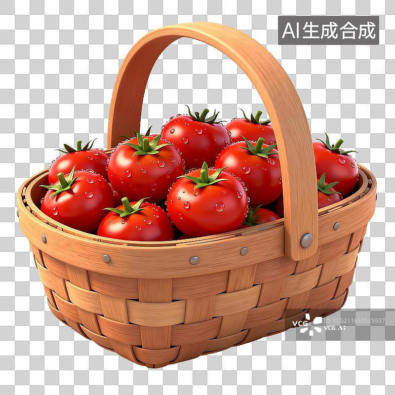 【AI数字艺术】装满新鲜带水珠番茄的木质编织篮图片素材