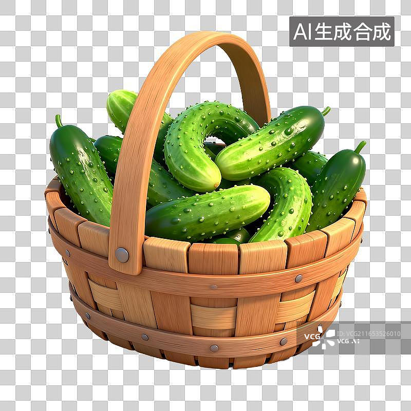 【AI数字艺术】木篮盛放新鲜带刺黄瓜图片素材