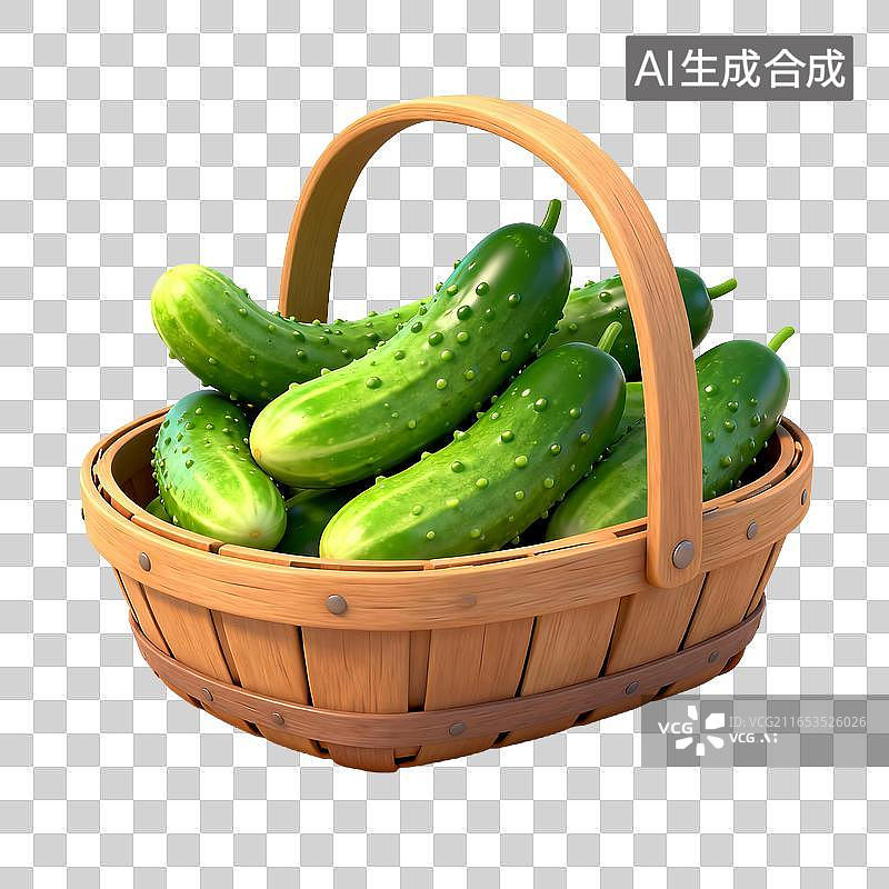 【AI数字艺术】木篮盛放新鲜带刺黄瓜图片素材