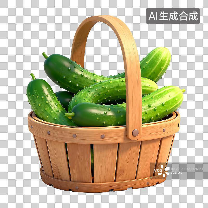 【AI数字艺术】木篮盛放新鲜带刺黄瓜图片素材