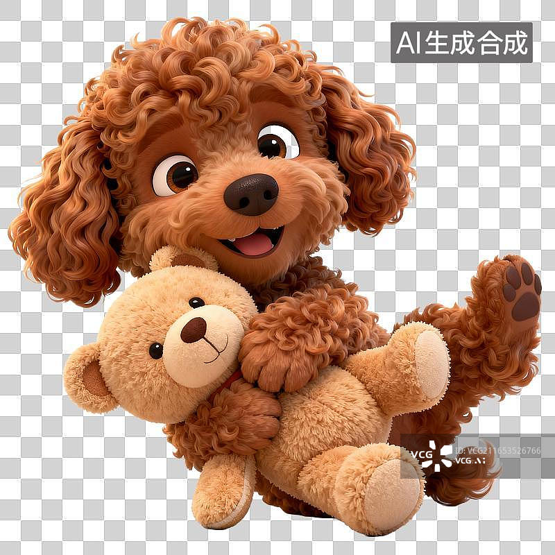 【AI数字艺术】抱着泰迪熊的可爱卷毛小狗图片素材