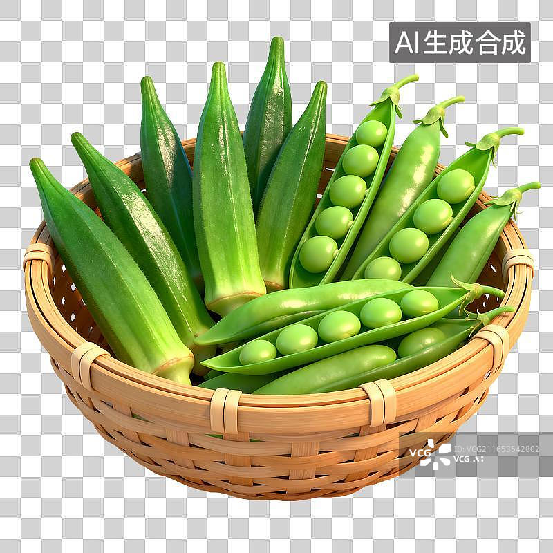 【AI数字艺术】竹篮中的新鲜秋葵与青豆图片素材
