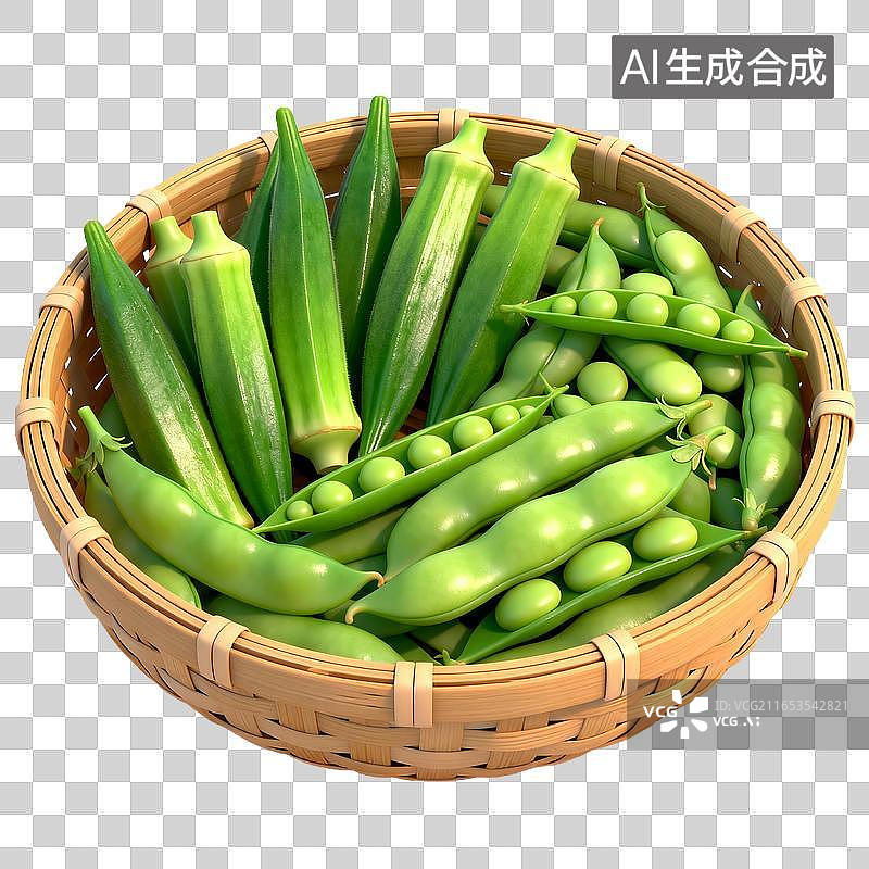 【AI数字艺术】竹篮中的新鲜秋葵与青豆图片素材