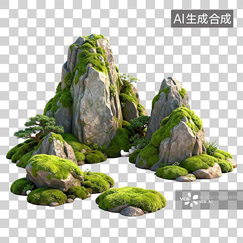 【AI数字艺术】覆有苔藓小树的岩石景观图片素材