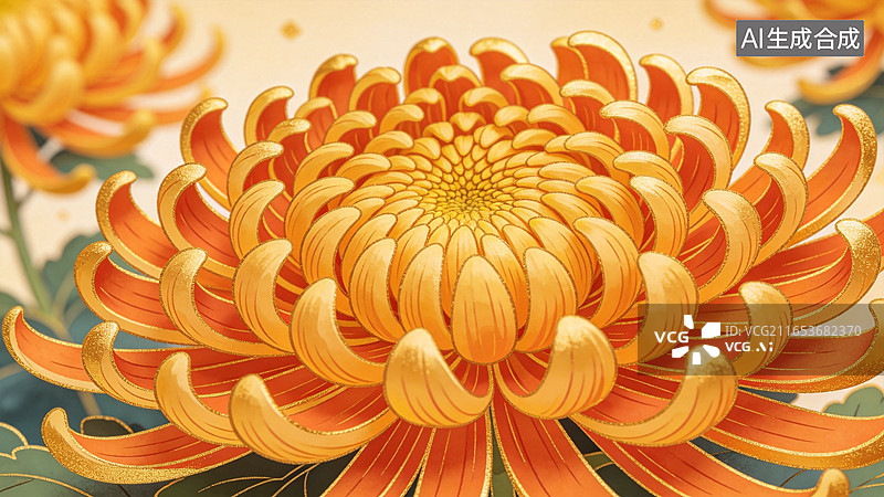 【AI数字艺术】工笔重阳金菊花瓣花蕊金黄橙红传统插画图片素材