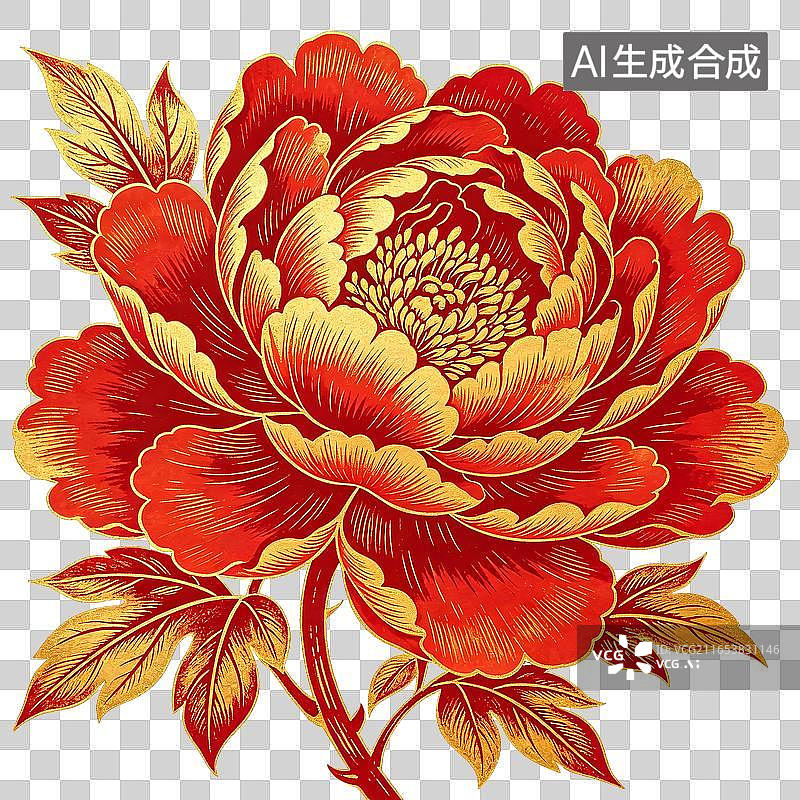 【AI数字艺术】富贵牡丹花卉金色勾边红色国潮风，免扣设计元素图片素材