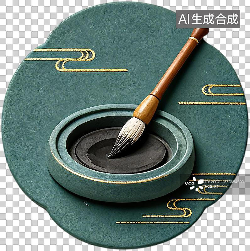 【AI数字艺术】新中式国风毛笔砚台静物插画图片素材