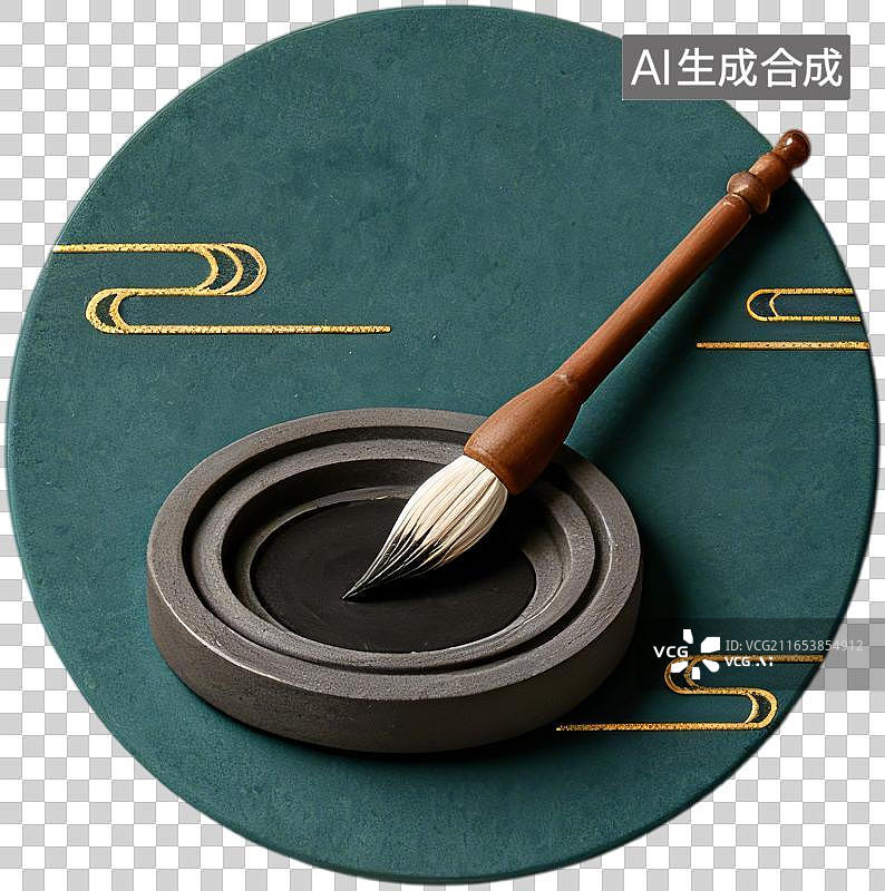 【AI数字艺术】新中式国风毛笔砚台静物插画图片素材