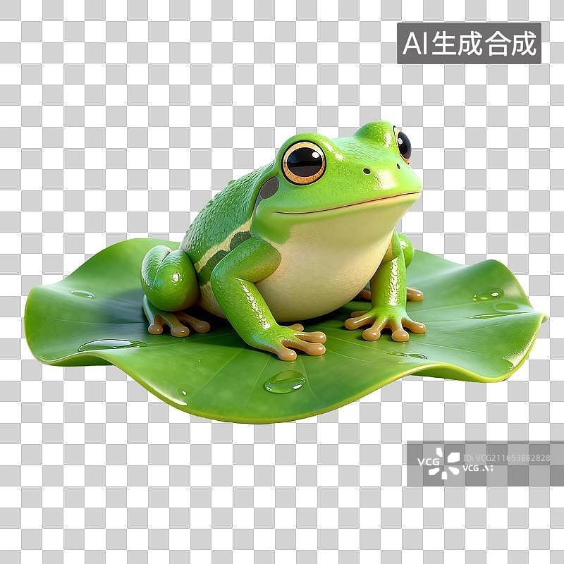 【AI数字艺术】翠绿青蛙蹲在带露珠的睡莲叶上图片素材