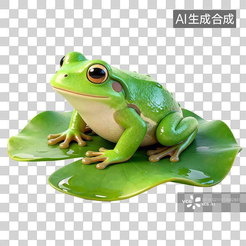 【AI数字艺术】翠绿青蛙蹲在带露珠的睡莲叶上图片素材