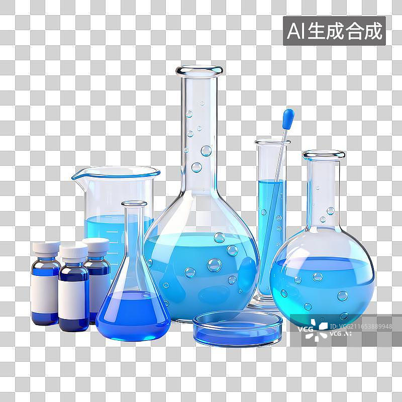 【AI数字艺术】实验室盛装蓝色溶液的玻璃器皿图片素材