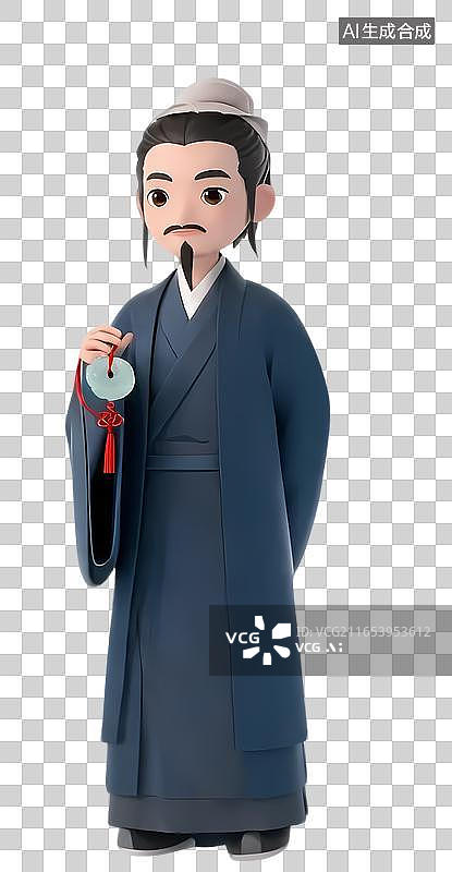 【AI数字艺术】藏青长袍持玉佩古风雅士图片素材