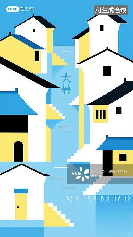 【AI数字艺术】大暑节气江南水乡极简色块风格海报图片素材