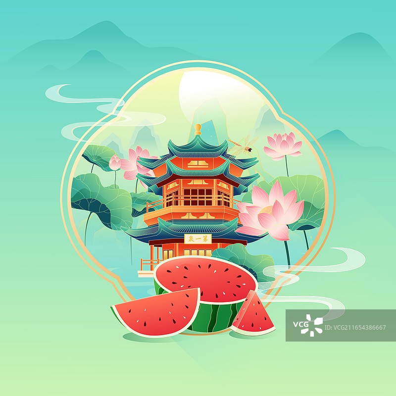 国风节气大暑敦煌城市建筑矢量插画图片素材