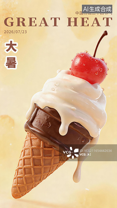 【AI数字艺术】夏天大暑节气竖版海报，微距视角看冰淇淋甜筒，冰淇淋融化顺着脆皮流下来，顶部插着一颗红色樱桃图片素材