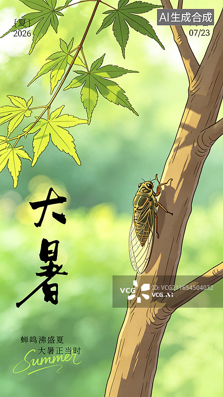 【AI数字艺术】大暑节气鸣蝉树干光影斑驳清新夏日插画海报图片素材