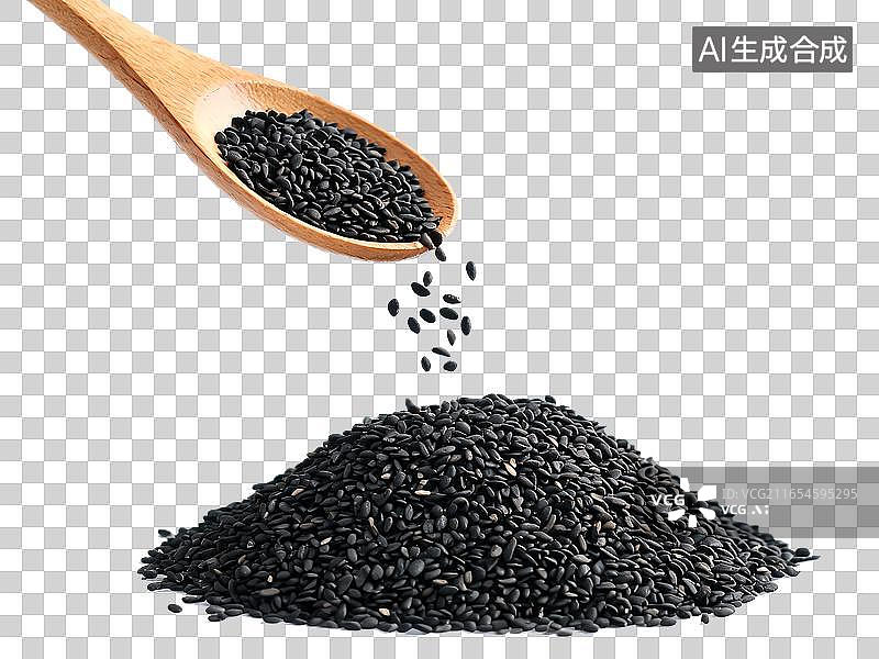 【AI数字艺术】木质汤勺和黑芝麻特写图片素材