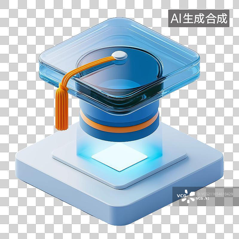 【AI数字艺术】免扣元素蓝色玻璃质感学士帽悬浮于几何底座之上的3D教育图标图片素材