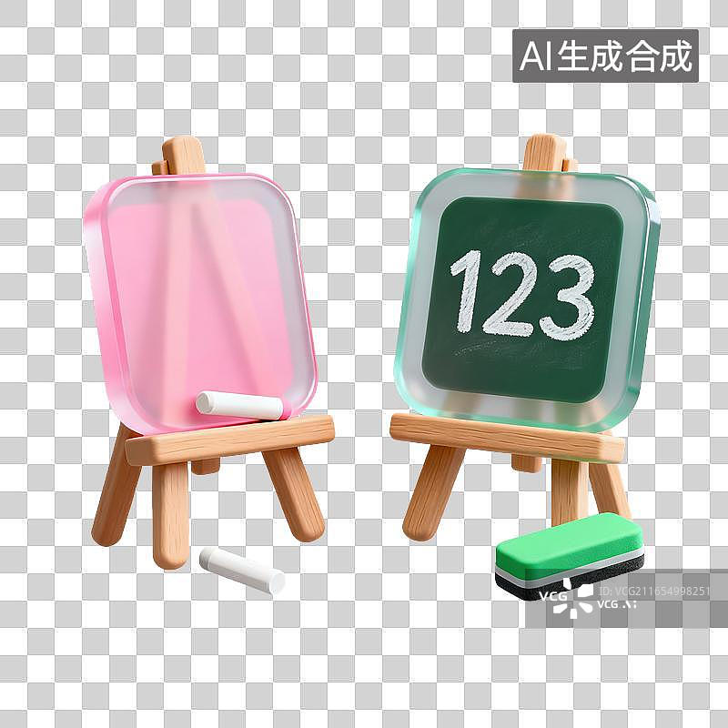 【AI数字艺术】3D磨砂玻璃材质书写数字的立式小黑板画架粉笔板擦数学启蒙教学元素图片素材
