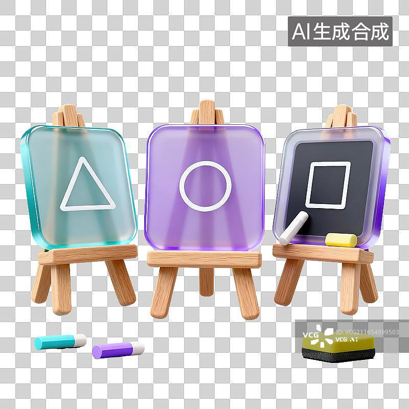 【AI数字艺术】3D磨砂玻璃材质绘制基础几何图形的三座画板粉笔板擦几何早教教具元素图片素材