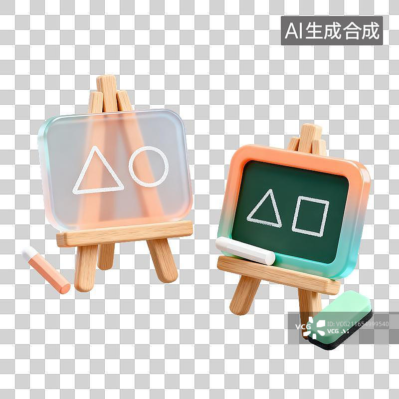 【AI数字艺术】3D磨砂玻璃材质绘制基础几何图形的三座画板粉笔板擦几何早教教具元素图片素材