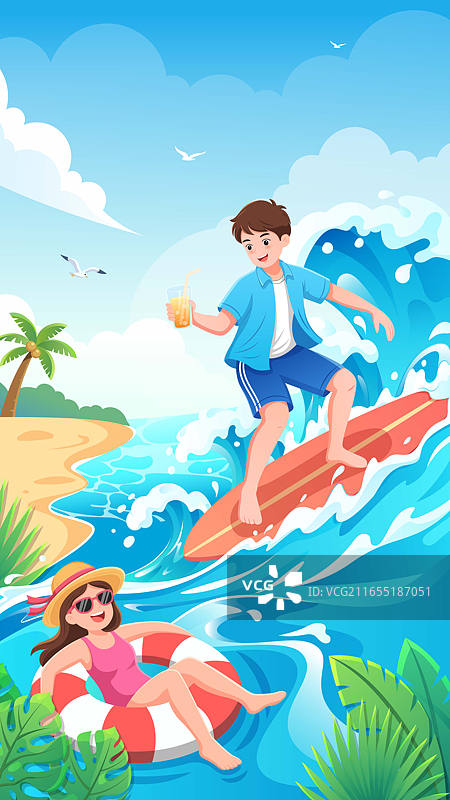 夏日海边冲浪休闲场景插画图片素材