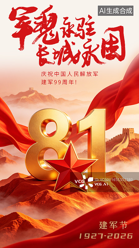 【AI数字艺术】建军节，海报，设计，长城，五角星，建军节海报设计图片素材