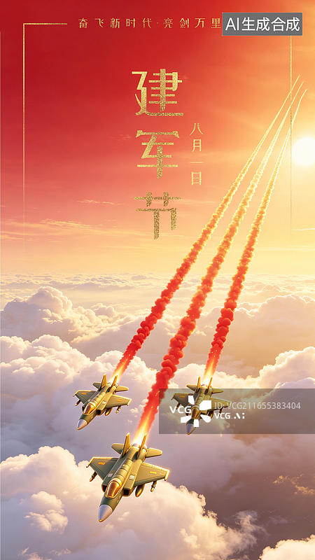 【AI数字艺术】建军节空军航空航天飞机列队演习庆祝活动巡航保护 3D渲染立体卡通插画风格背景红金大气配色图片素材
