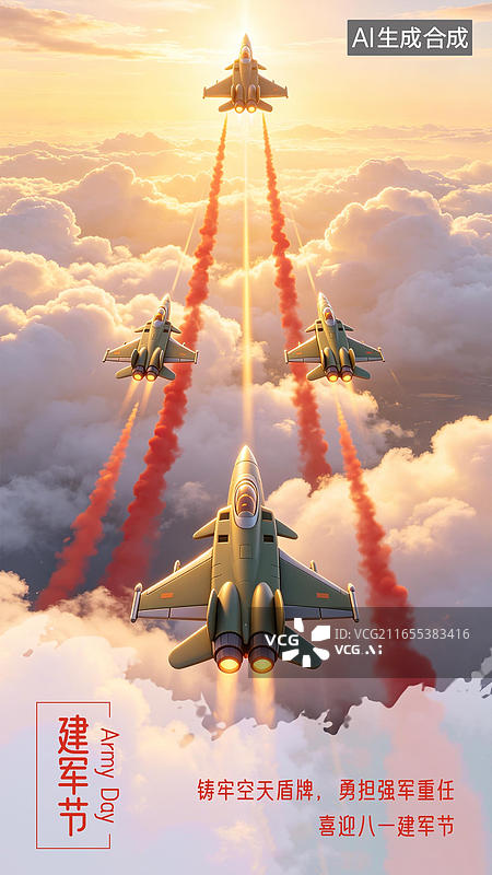 【AI数字艺术】建军节空军航空航天飞机列队演习庆祝活动巡航保护 3D渲染立体卡通插画风格背景红金大气配色图片素材