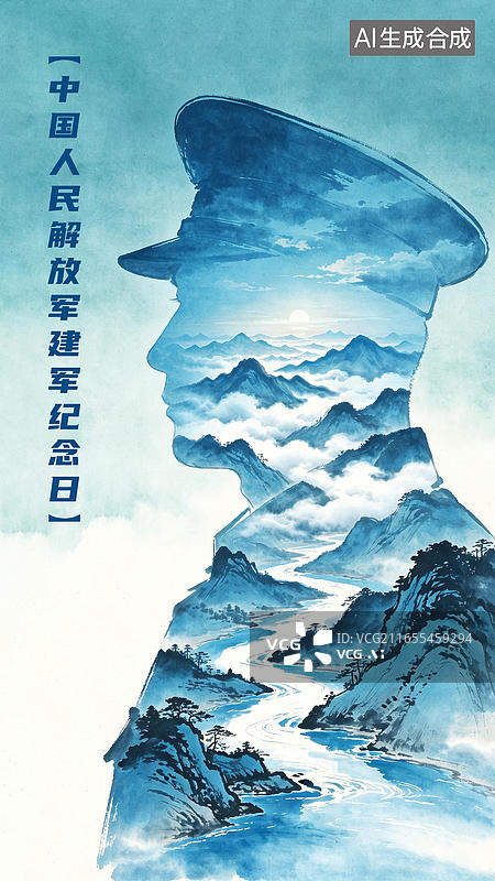 【AI数字艺术】八一建军节海报 军人侧脸剪影轮廓祖国河山云海自然风光风景双重曝光设计构图 水彩画插图晕染国画泼墨质感图片素材