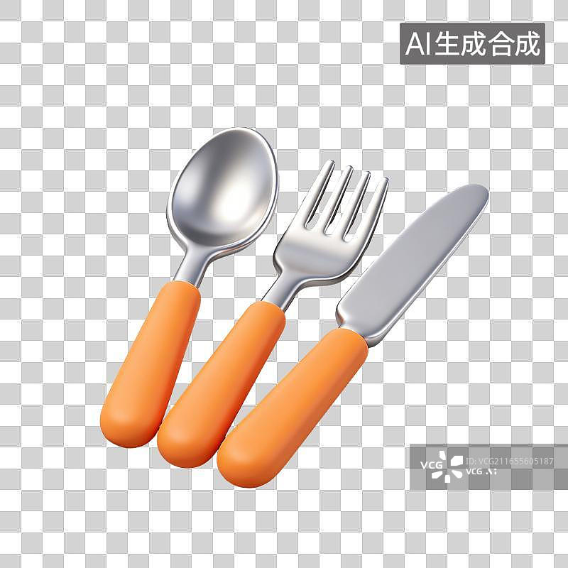 【AI数字艺术】3D轻拟物西餐餐具厨具三件套金属勺餐叉餐刀元素图片素材