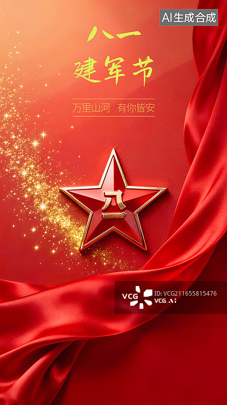 【AI数字艺术】AIGC：八一建军节创意红色绸缎金海报设计图片素材