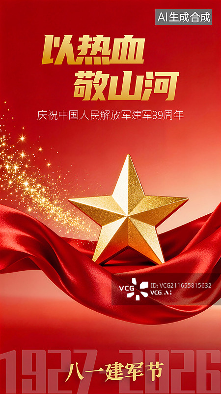 【AI数字艺术】AIGC：八一建军节红色绸缎金色五角星创意海报设计图片素材
