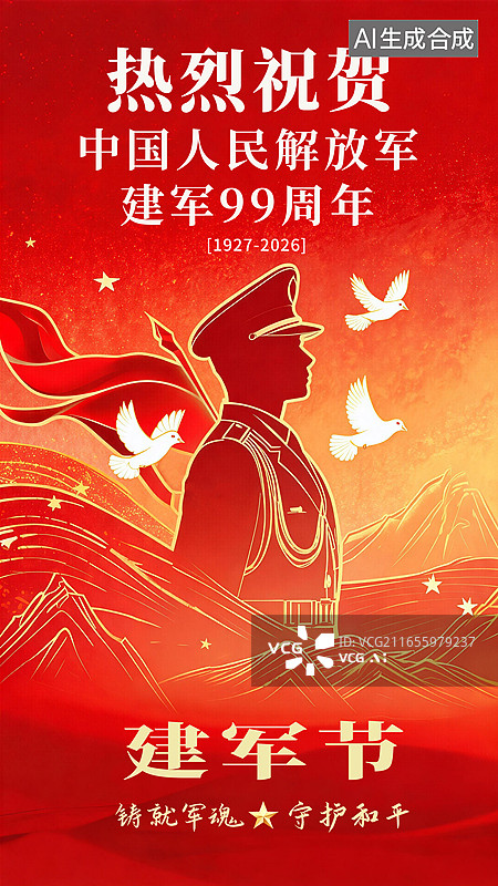 【AI数字艺术】八一建军节海报，庆祝红色党政军人部队竖版海报，五角星主题红色节日图片素材
