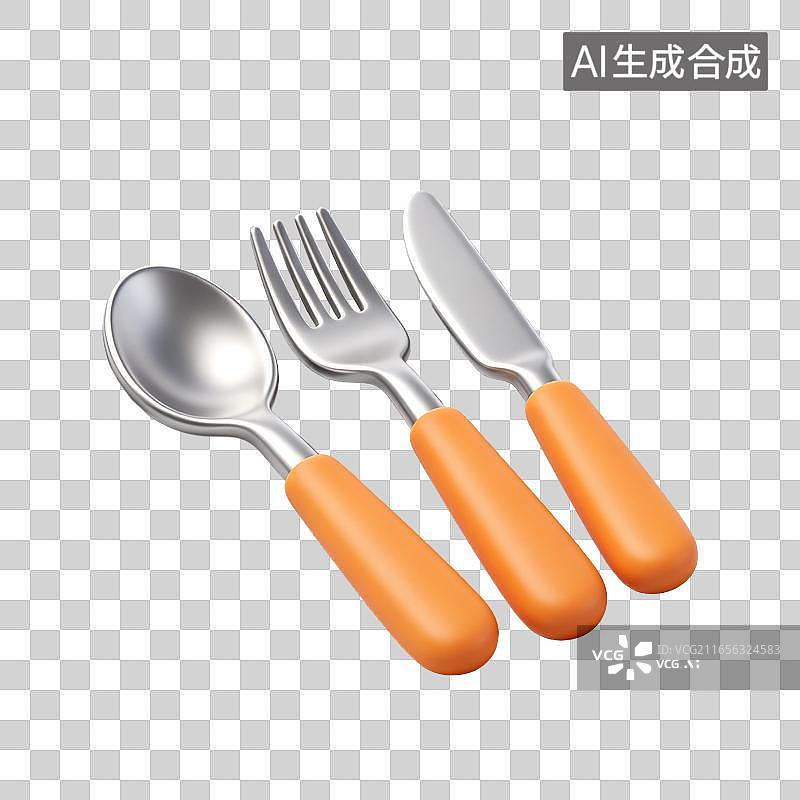 【AI数字艺术】3D轻拟物西餐餐具厨具三件套金属勺餐叉餐刀元素图片素材