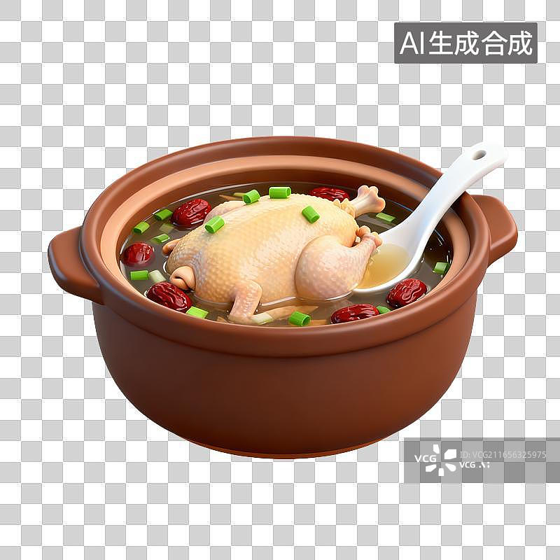 【AI数字艺术】3D轻拟物陶土砂锅红枣滋补鸡汤国风养生炖汤元素图片素材