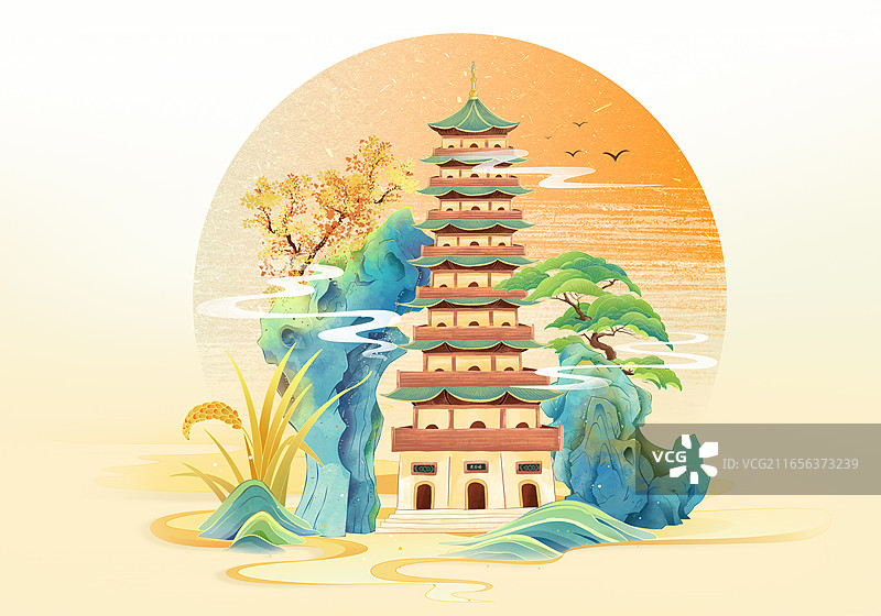 国风城市地标建筑,城市系列画册，江苏南京灵谷塔,假山和松树，满月背景，横版图片素材
